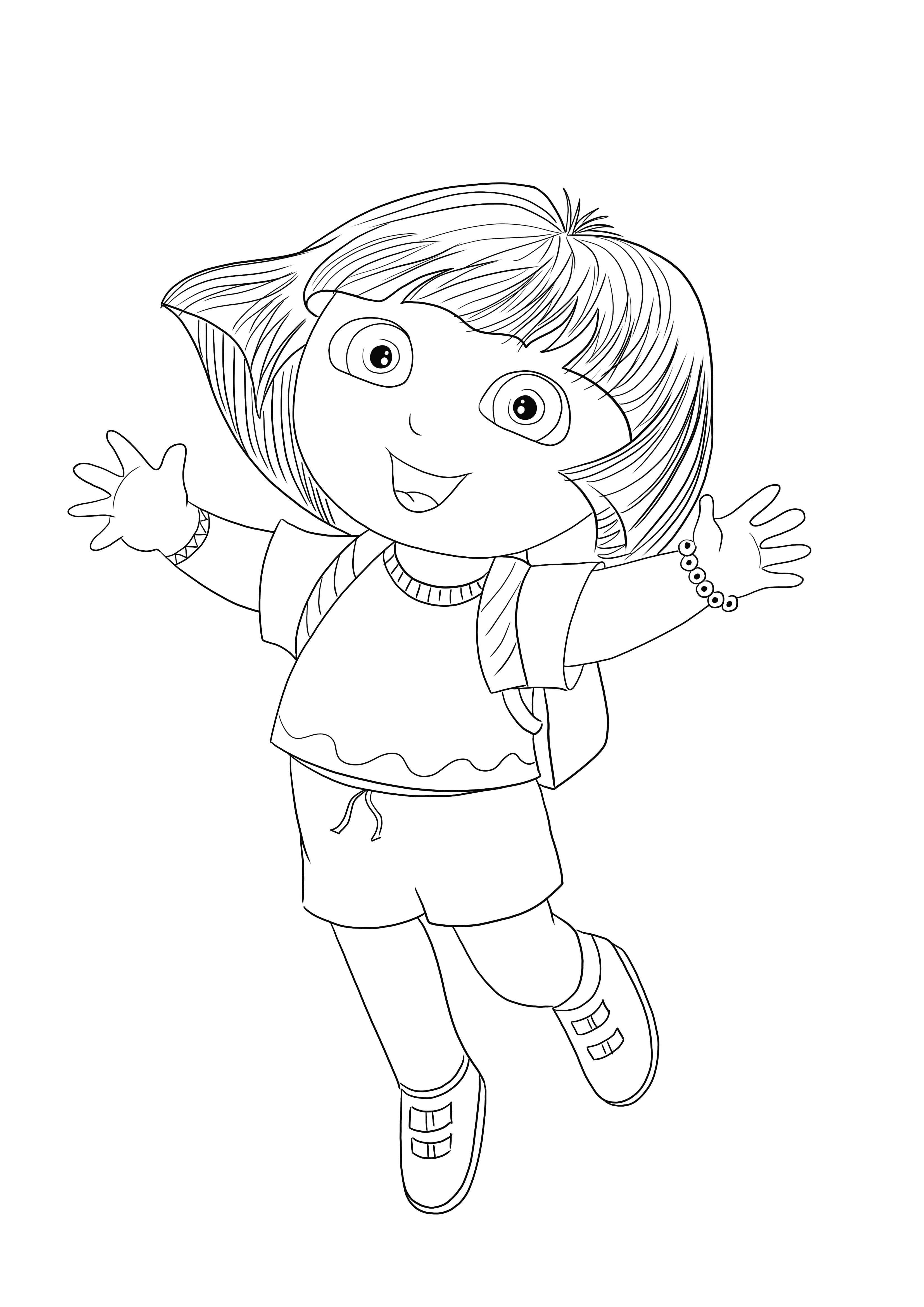 Happy Dora skacze, ponieważ lubi być kolorowana i drukowana za darmo przez swoich fanów
