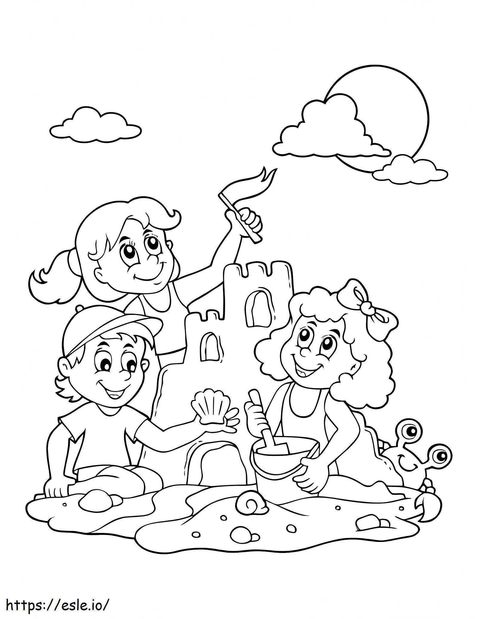 Três crianças constroem castelos de areia para colorir