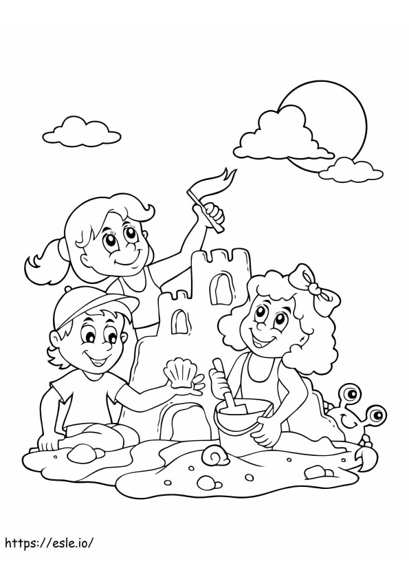 Tres niños construyen castillos de arena para colorear