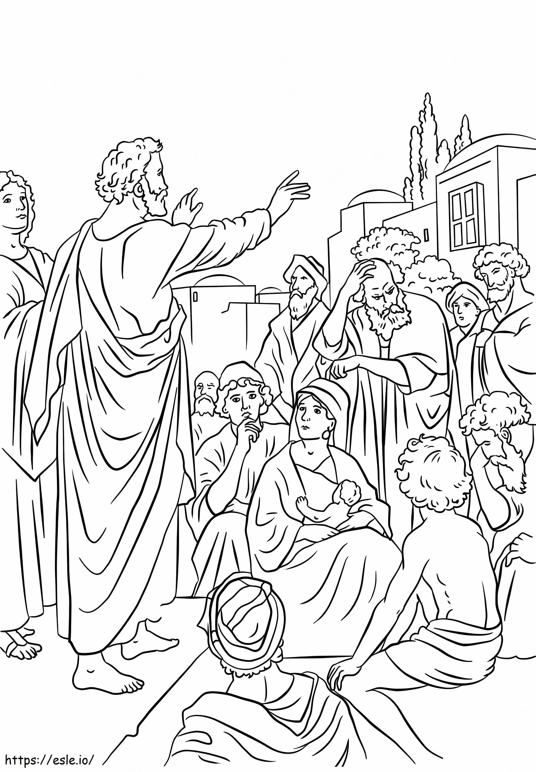 Coloriage Pierre prêchant à la Pentecôte à imprimer dessin