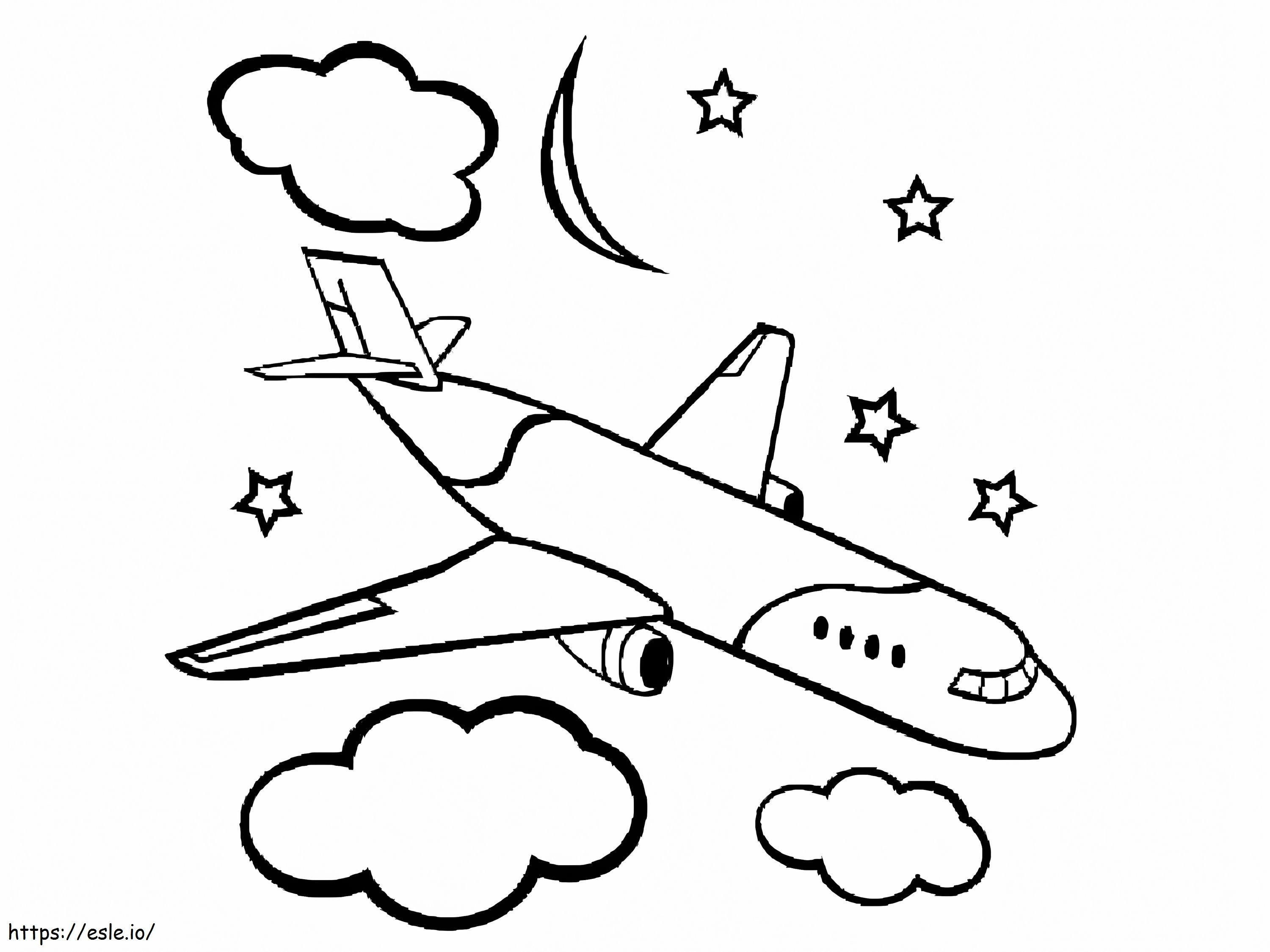 Pesawat Dengan Bintang Dan Awan Gambar Mewarnai