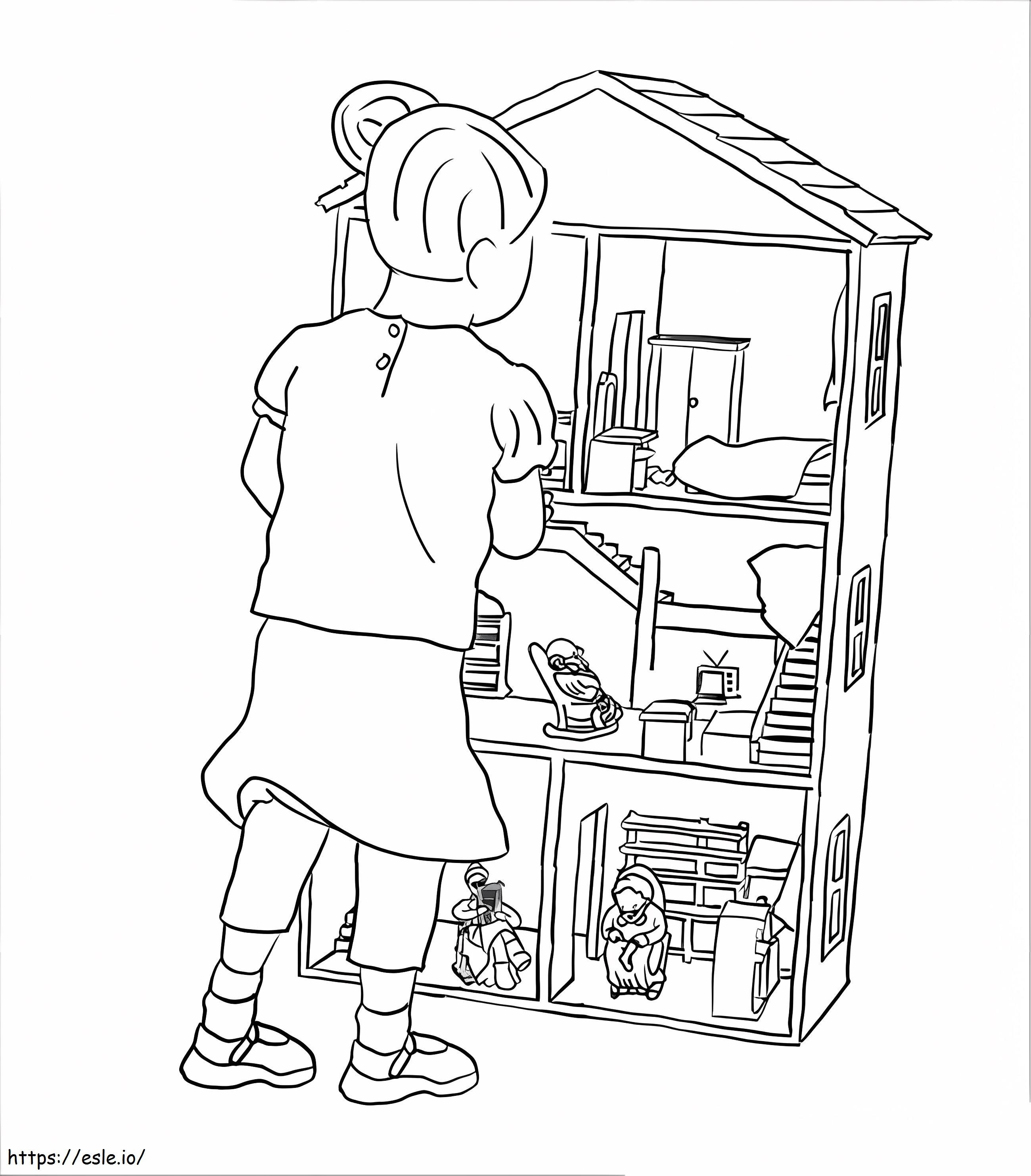 Coloriage Fille avec maison de poupée à imprimer dessin