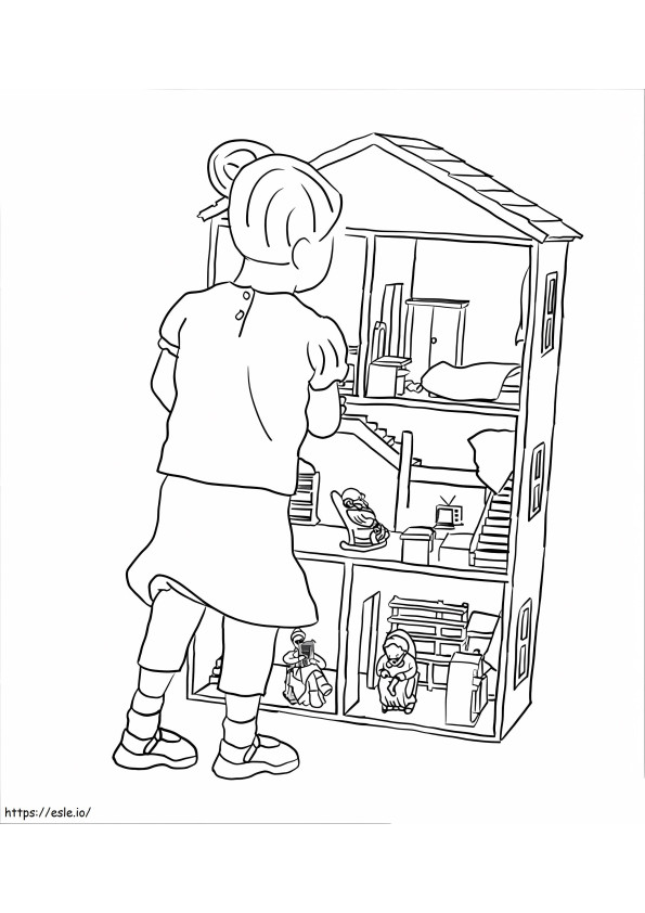 Coloriage Fille avec maison de poupée à imprimer dessin