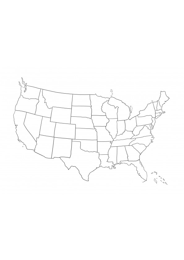 Harta Statelor Unite ale Americii imprimabilă gratuit pentru a colora și a învăța