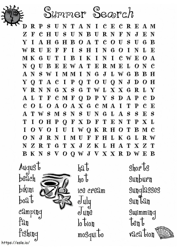 Quebra-cabeça de caça-palavras de verão imprimível para colorir