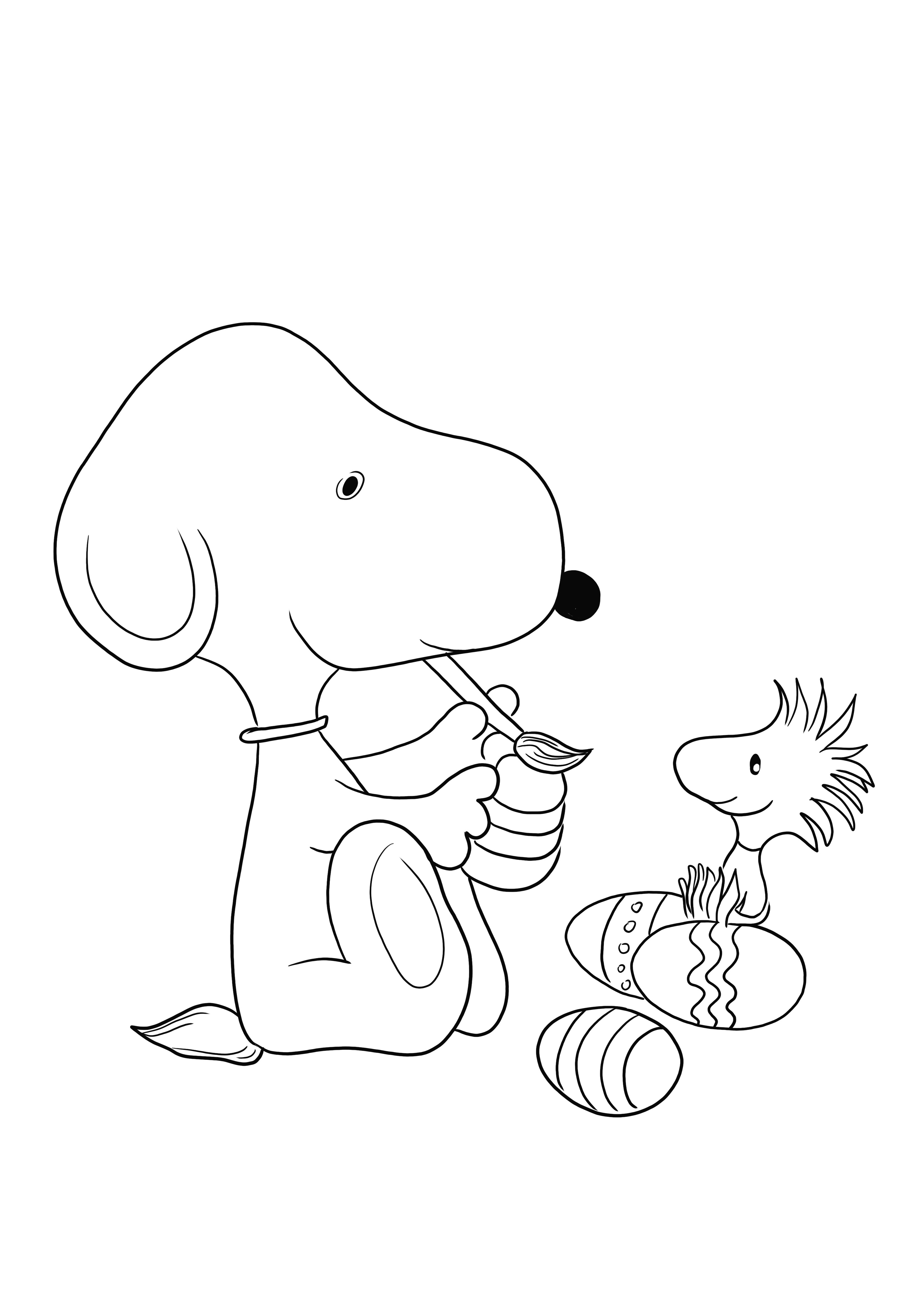 Snoopy from the Peanuts cartoon painting an Easter egg free to download and color image