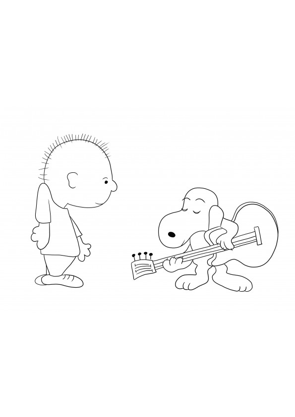 Impression et coloriage de Snoopy chantant une chanson de Noël à Charlie Brown gratuits
