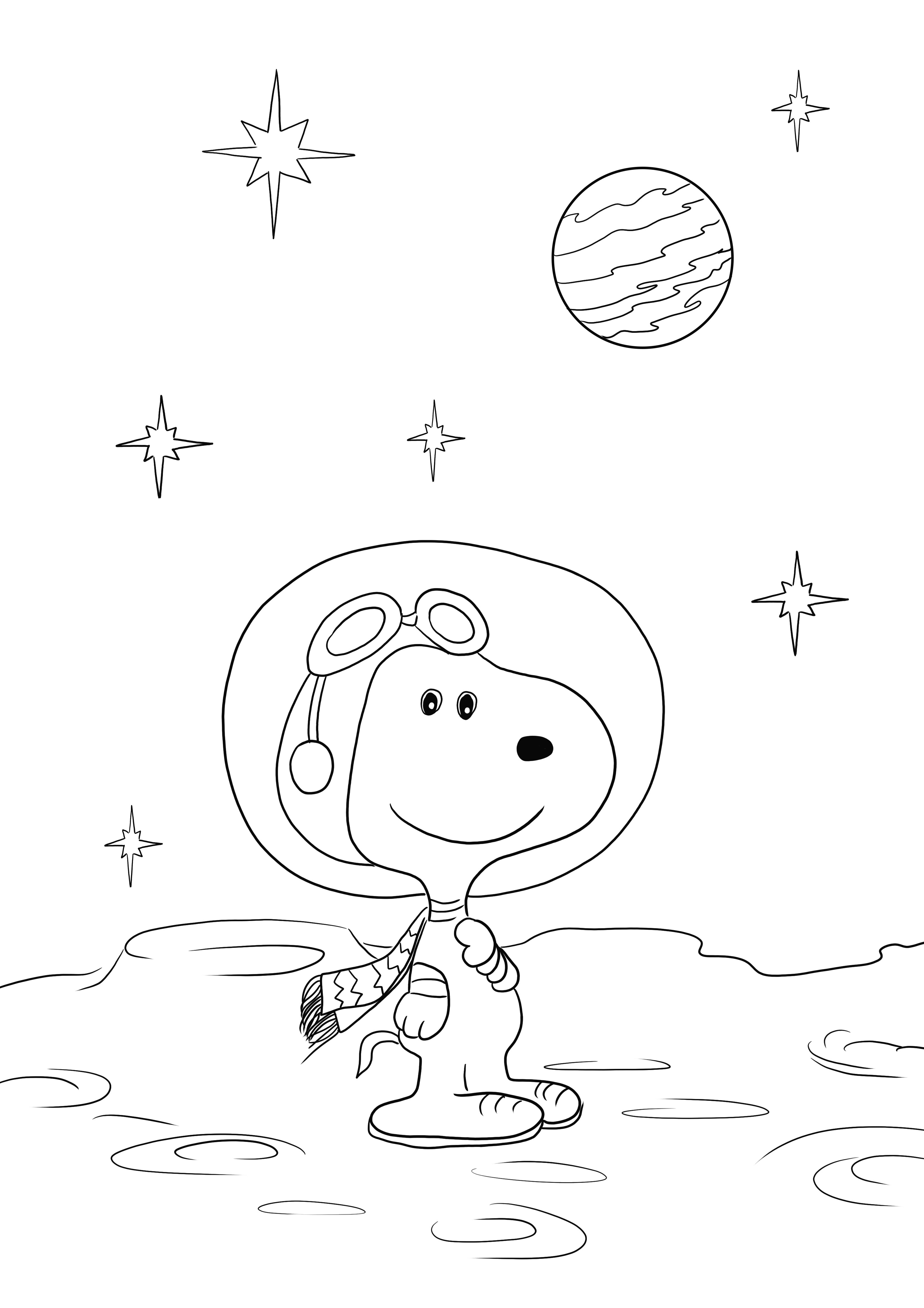 Hier is onze gratis Snoopy in the Space-sheet om te downloaden of af te drukken en in te kleuren kleurplaat