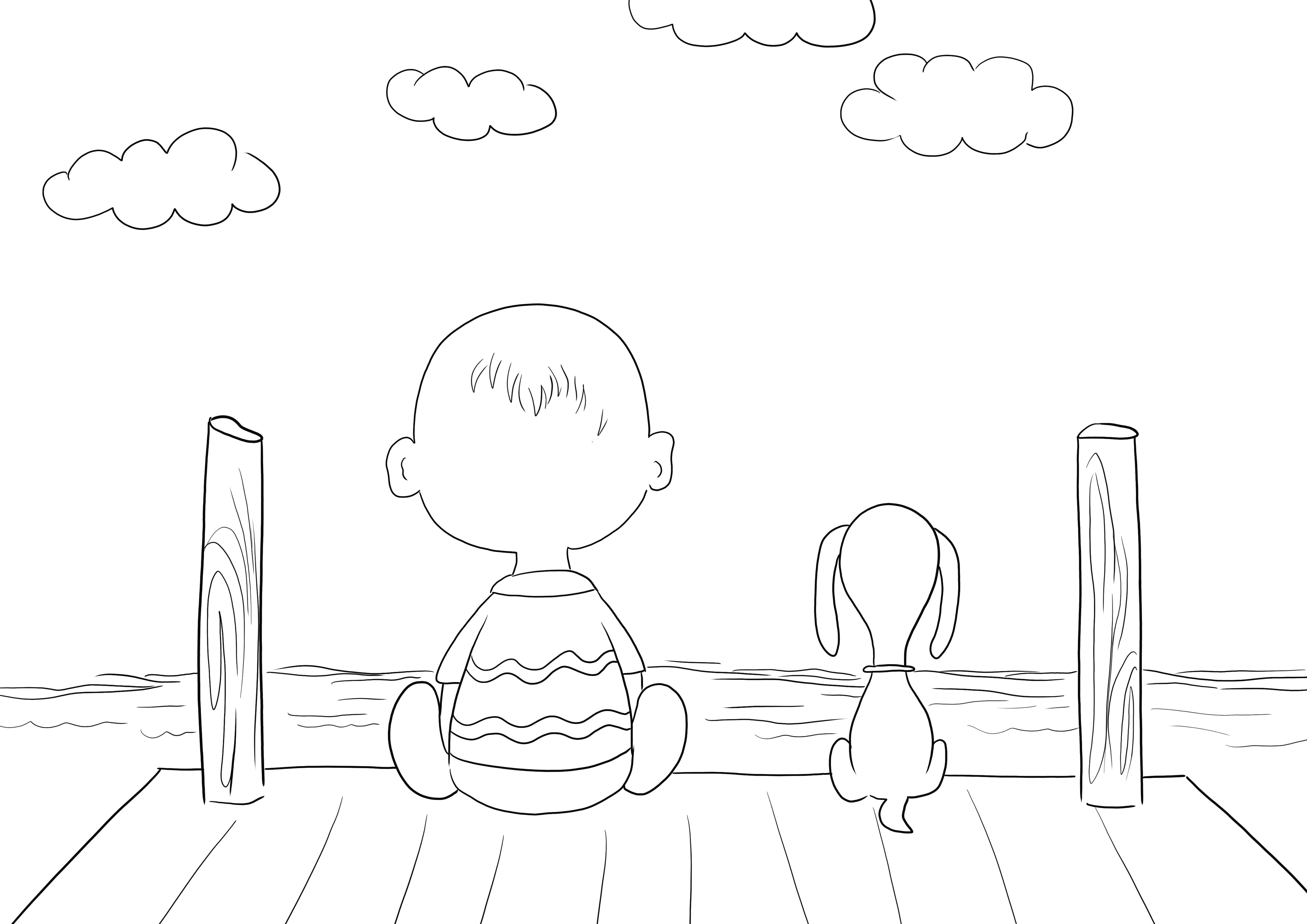 Charlie Brown und Snoopy sitzen auf dem Pier zum Ausmalen und zum kostenlosen Ausdrucken