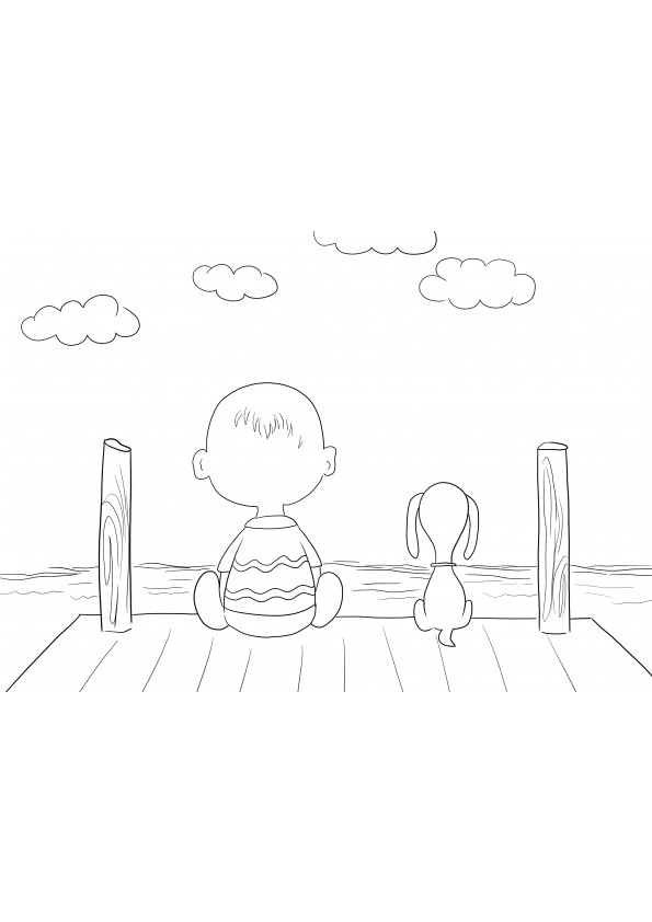 Charlie Brown und Snoopy sitzen auf dem Pier zum Ausmalen und zum kostenlosen Ausdrucken