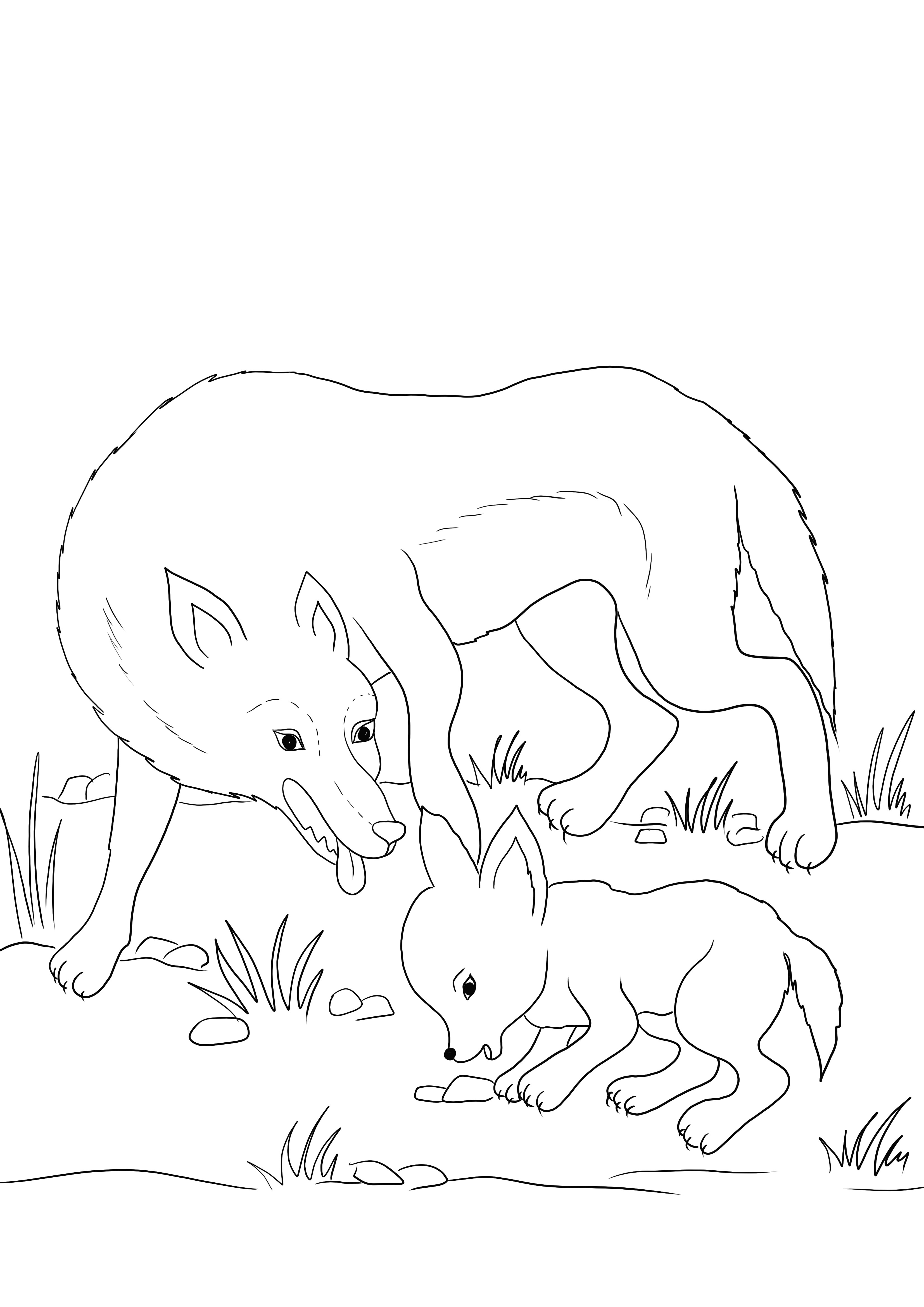  Een wolvenmoeder en een wolvenjong gaan samen kleuren en gratis downloaden kleurplaat