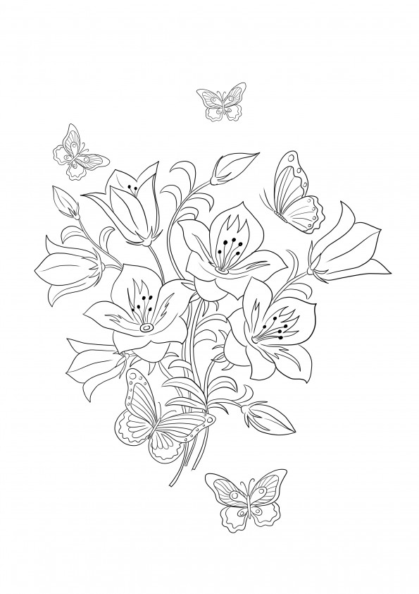 Butterfly and Flowers coloring image free to print and color for kids
