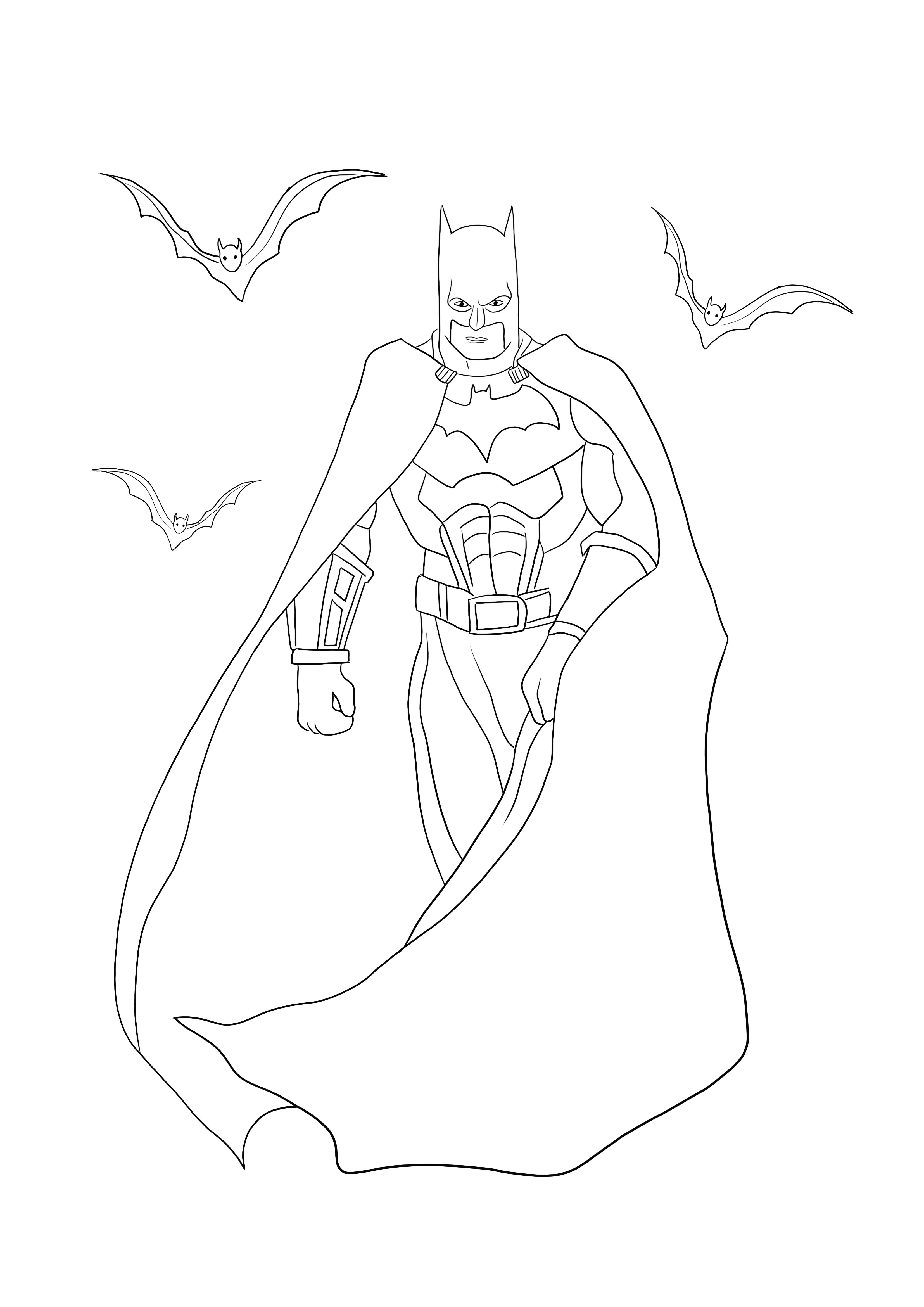 A página para colorir Batman com Morcegos pode ser baixada ou impressa gratuitamente para se divertir