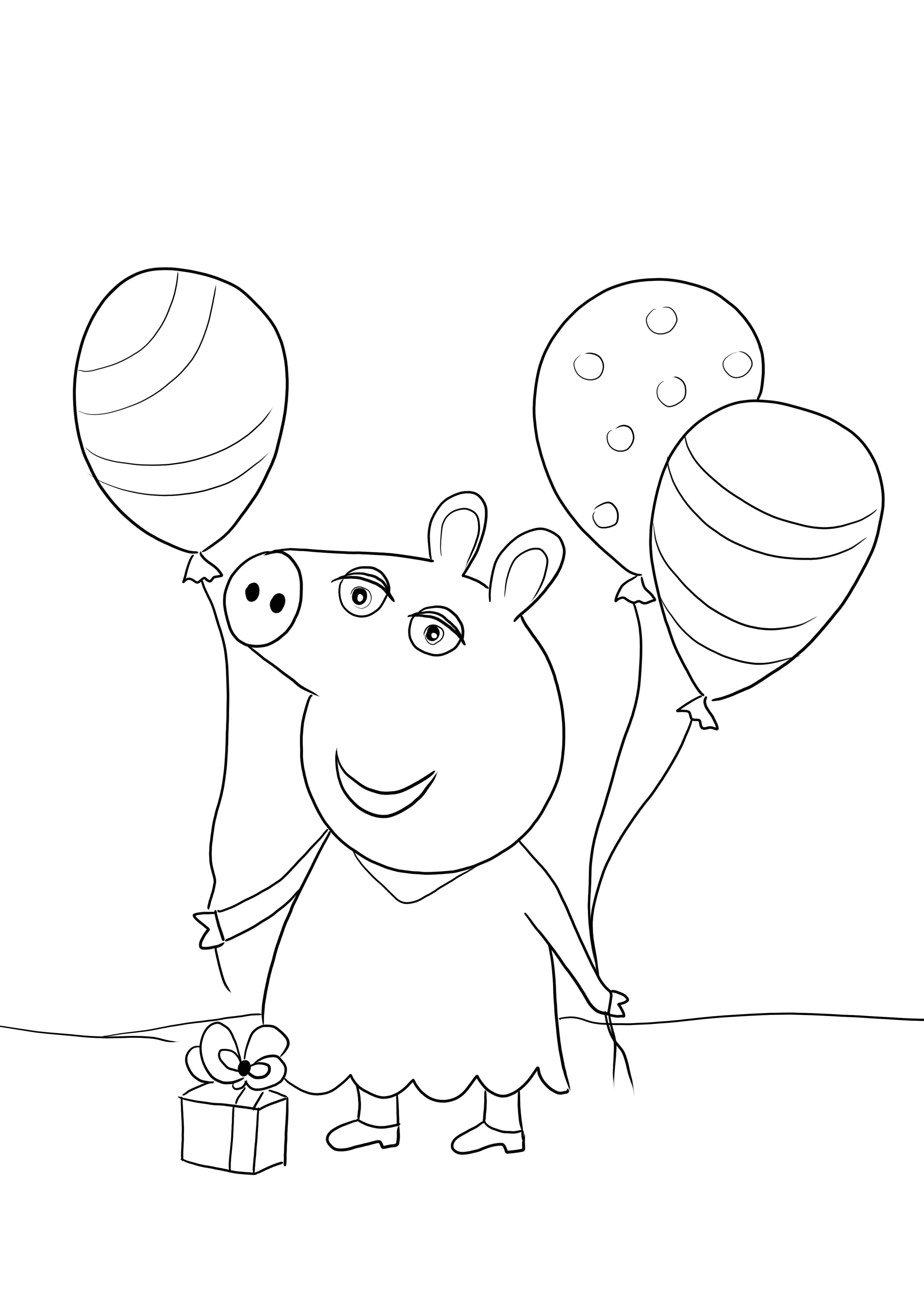 Peppa Pig con Globos yendo a una fiesta de cumpleaños para imprimir y colorear gratis