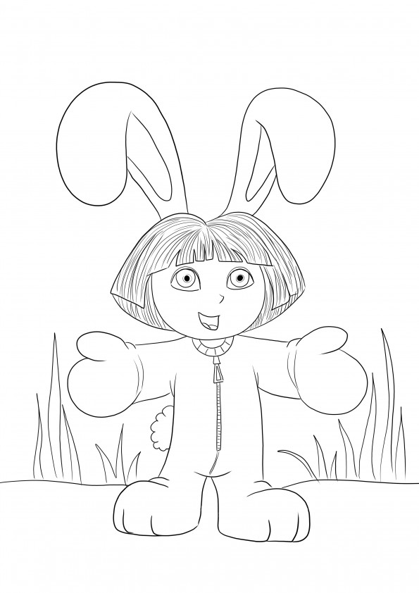Dora the Explorer dressed up in an Easter bunny costume free to print and color sheet
