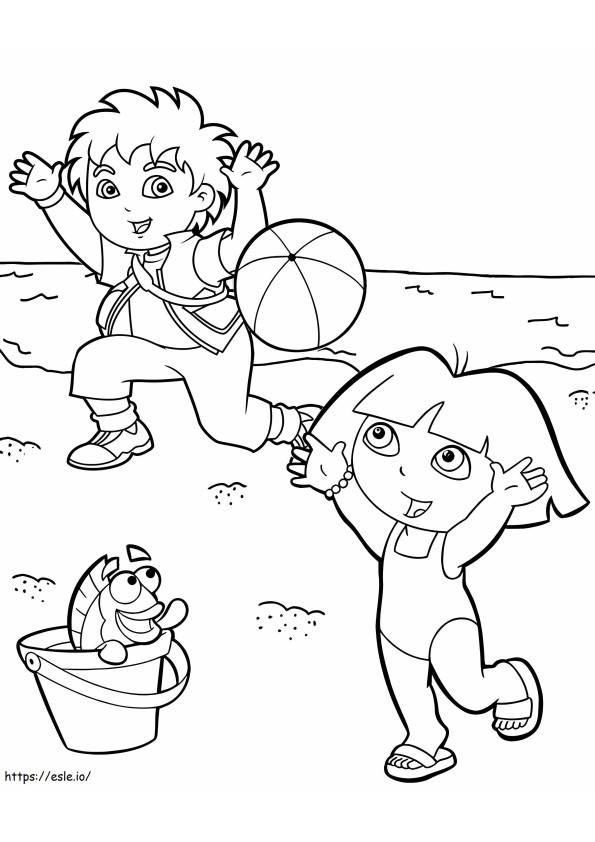 Dora și Diego pe plajă de colorat