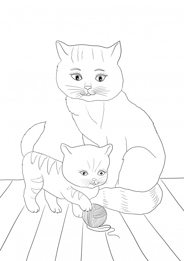 Macska anya és cica labdával játszva ingyenesen nyomtatható színre