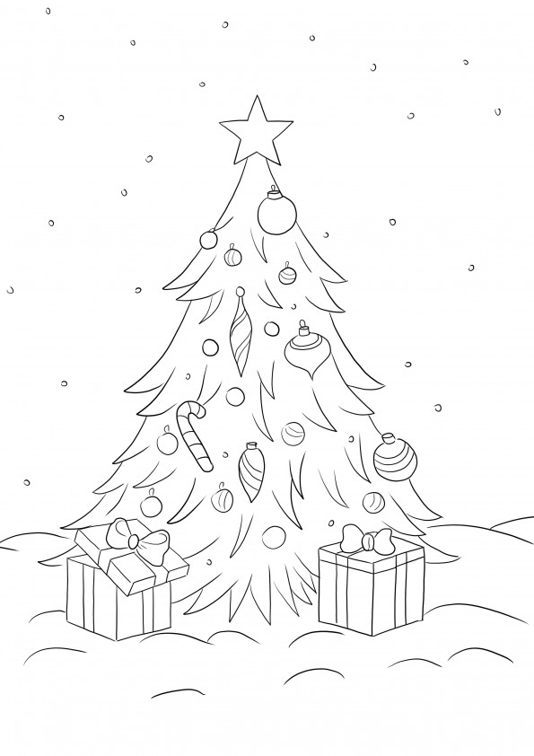 Kerstboom met cadeautjes is gratis te downloaden en in te kleuren