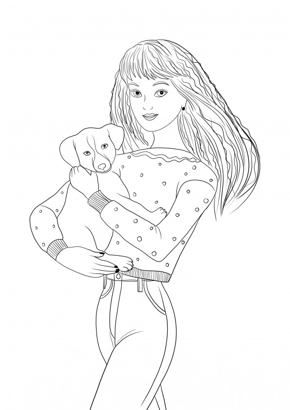 Barbie With Dog, çocuklar için yazdırması ve boyaması kolay bir resimdir.