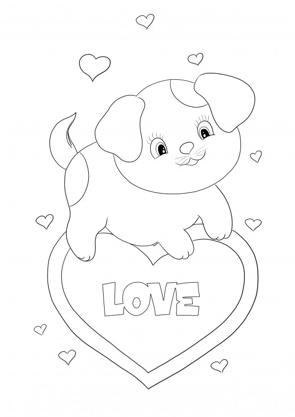Anak Anjing Kawaii dan halaman mewarnai bebas hati untuk Hari Valentine untuk dicetak atau diunduh