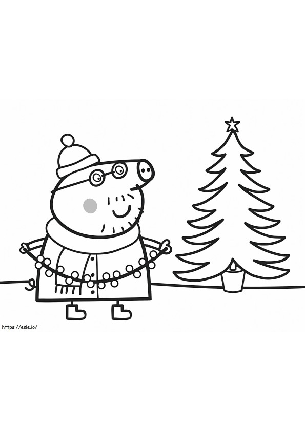 Papá Pig con árbol de Navidad para colorear