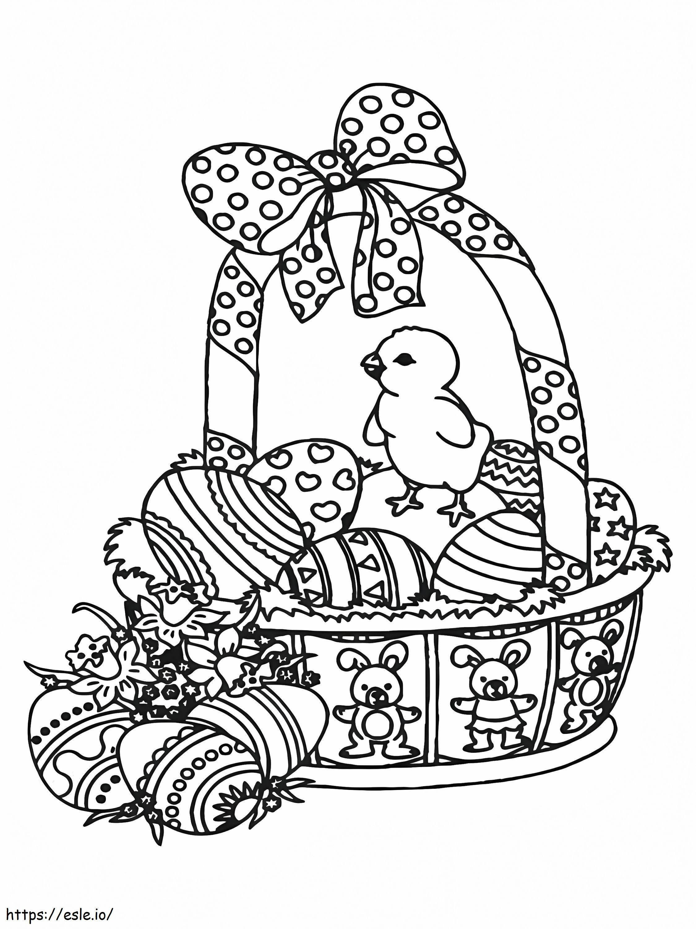 Ovos de Páscoa e cesta com pintinho para colorir