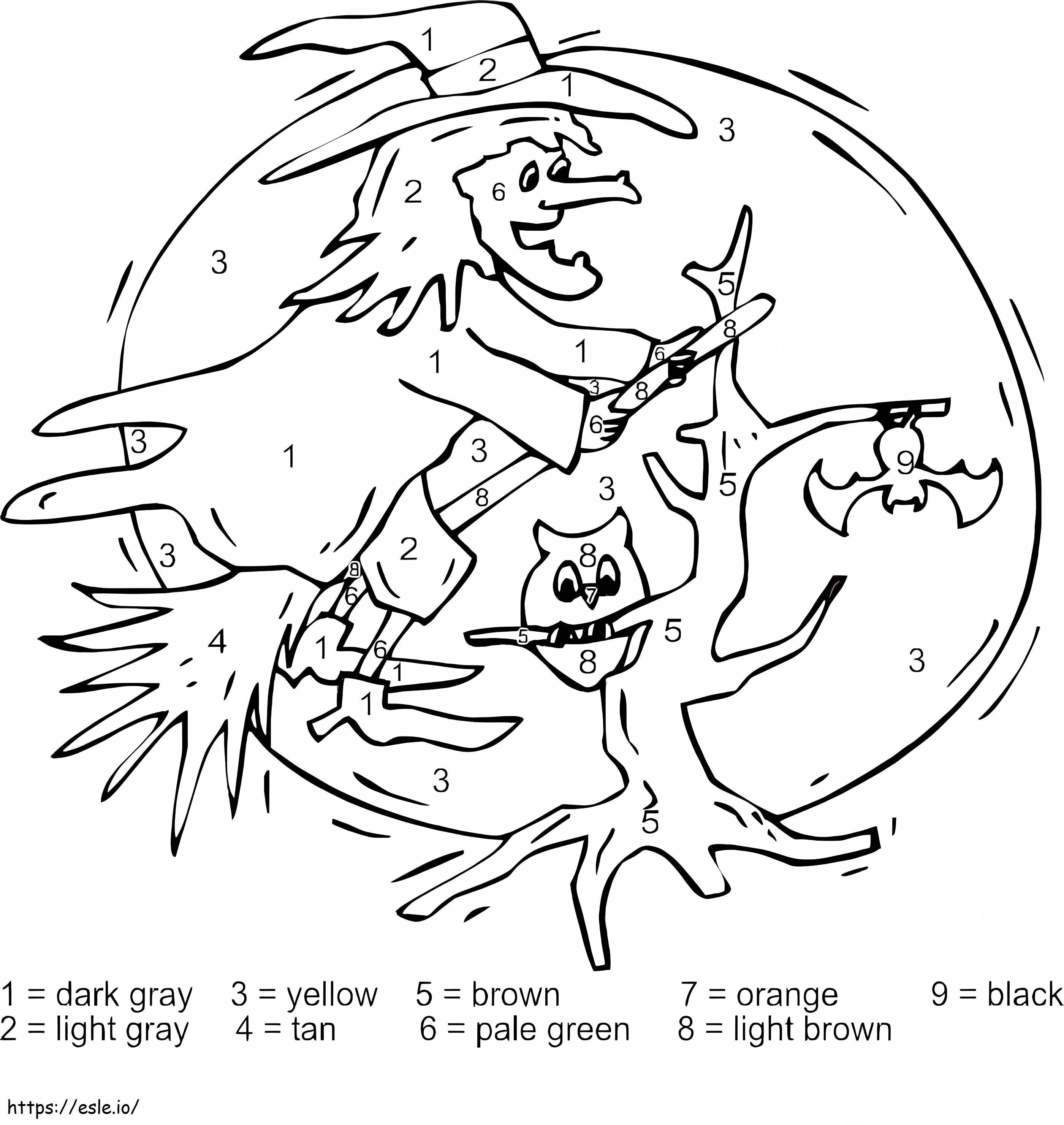 Halloween Witch Flying Color By Number coloring page