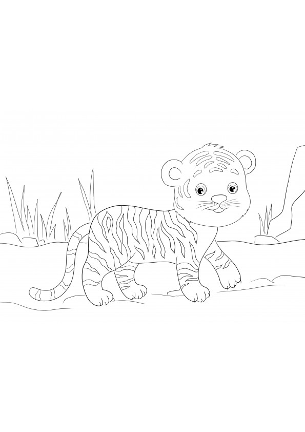 Foaie de colorat gratuită simplă și ușoară a unui pui de tigru de descărcat