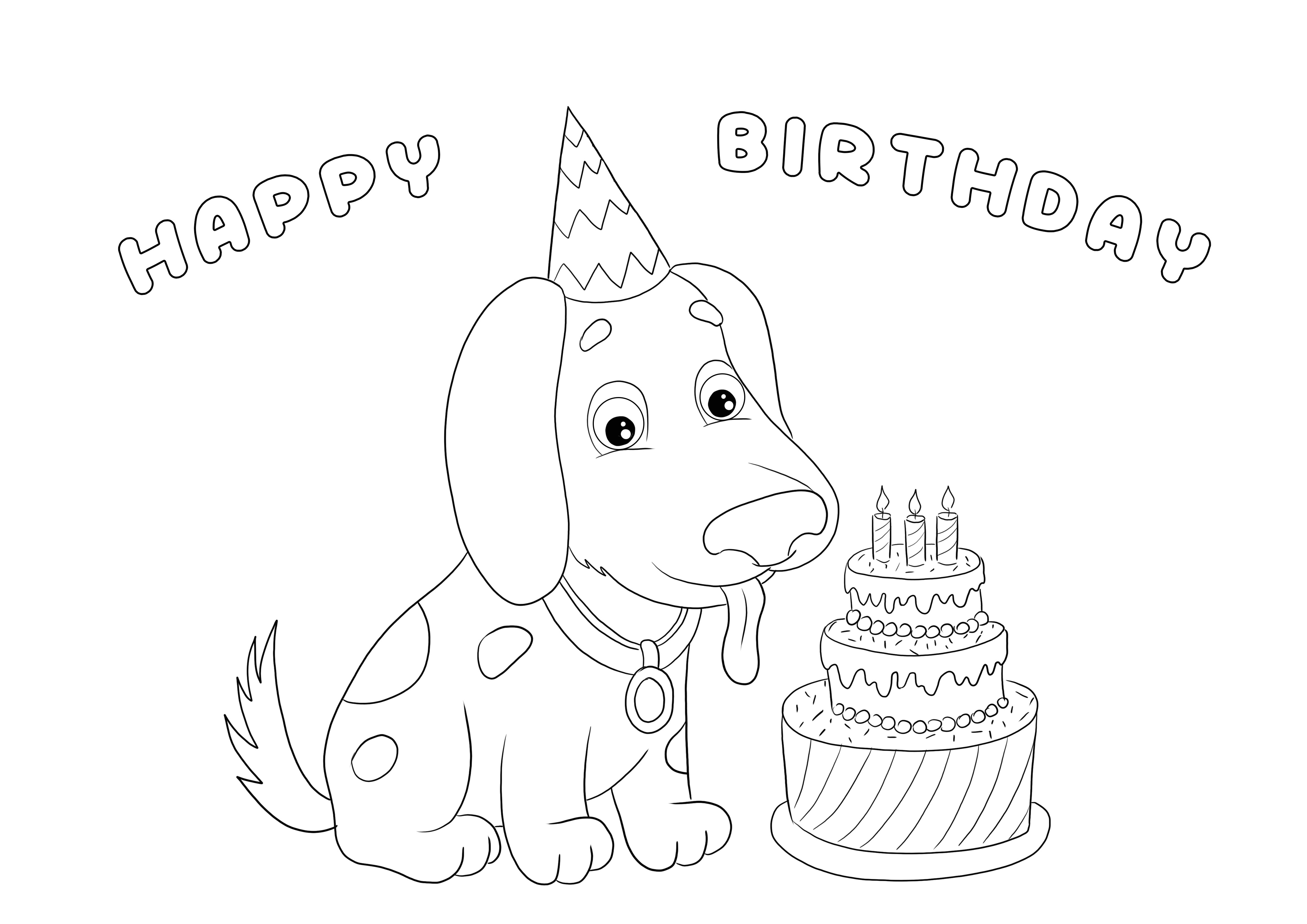 Verjaardagskaart met Hond makkelijk te printen en gratis in te kleuren kleurplaat