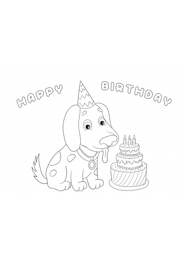 Happy Birthday card with Dog easy to print and color for free