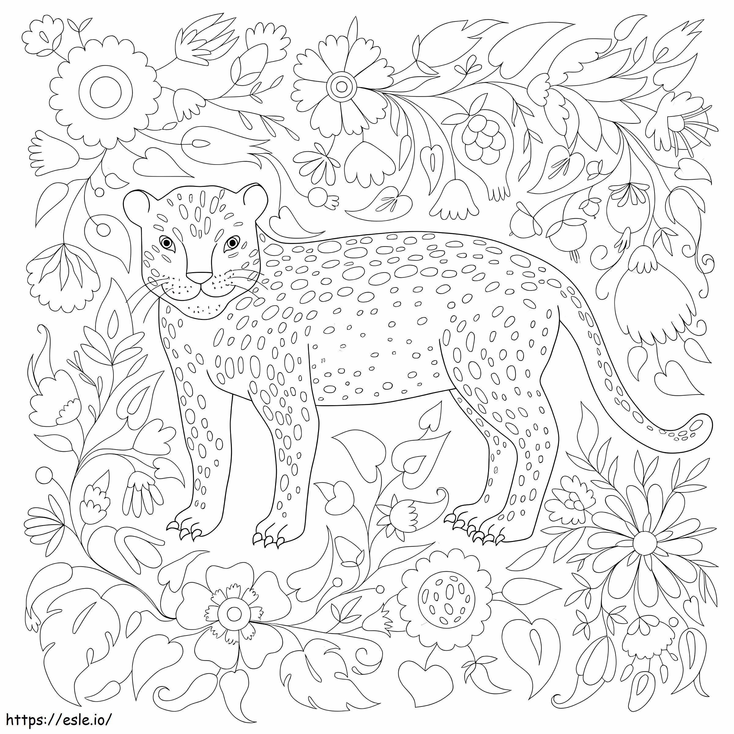 Jaguar With Flowers And Leaves coloring page