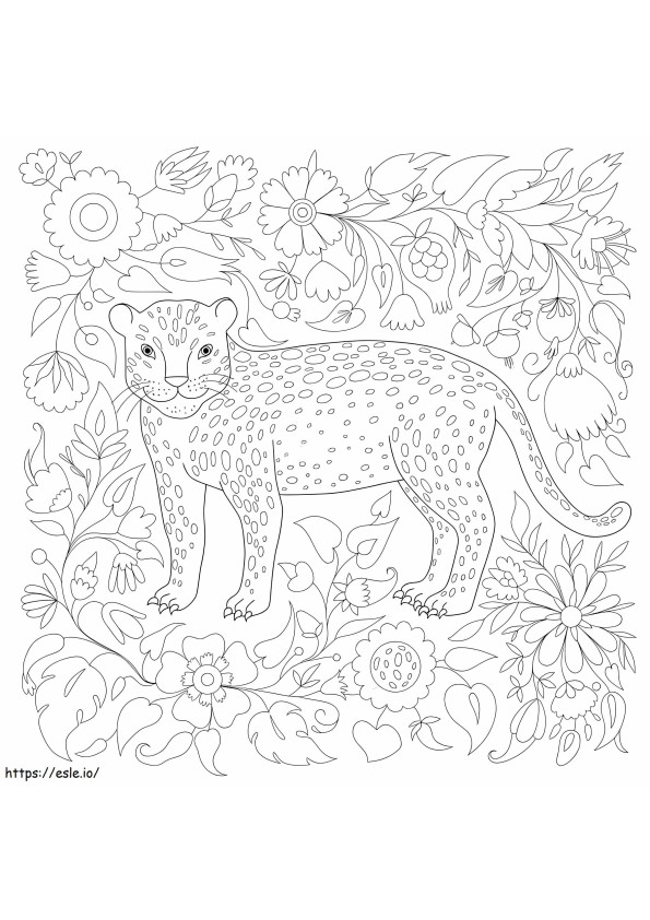 Jaguar With Flowers And Leaves coloring page