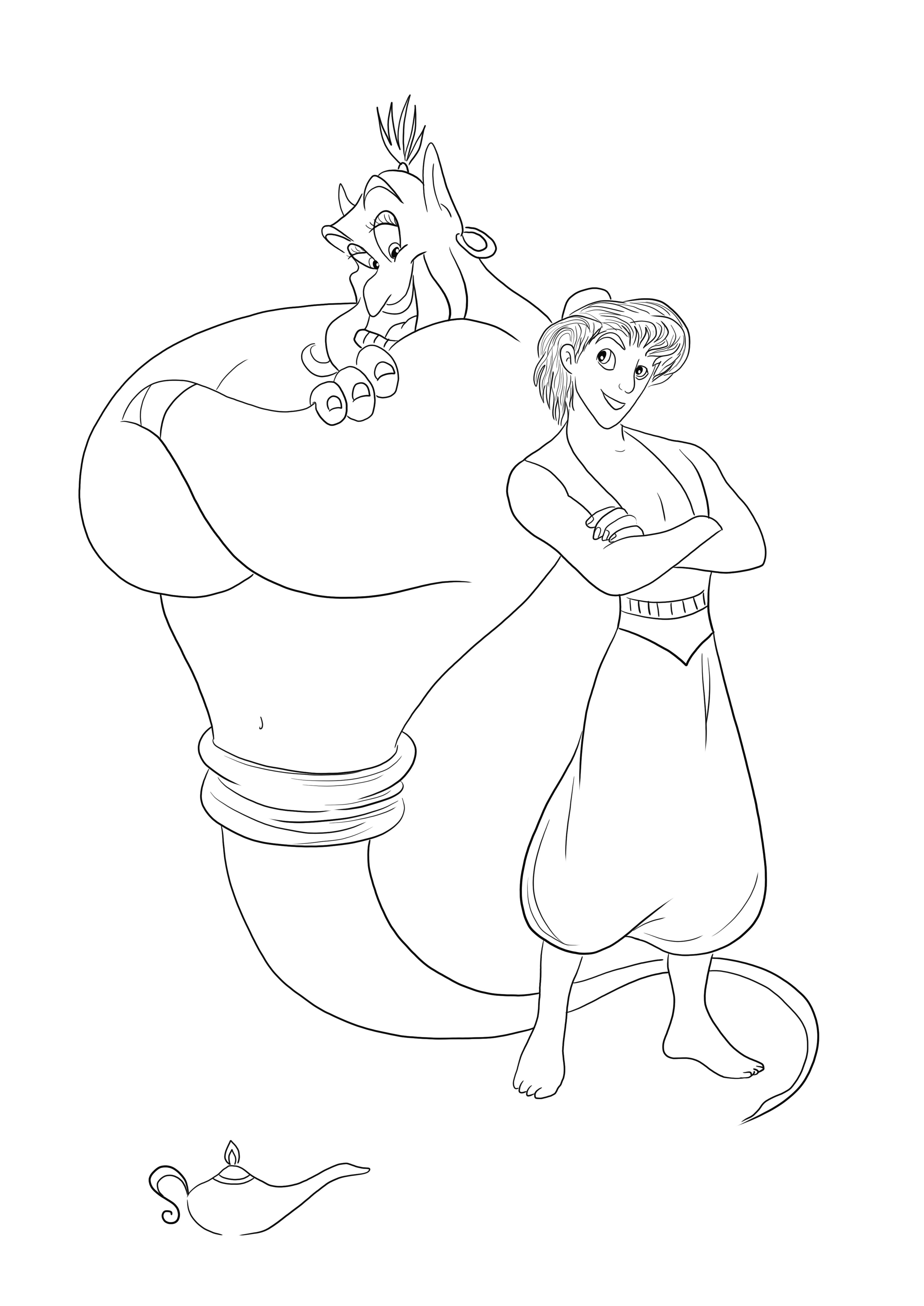 Genie en Aladdin kunnen gratis worden afgedrukt om te kleuren en tegelijkertijd plezier te hebben kleurplaat