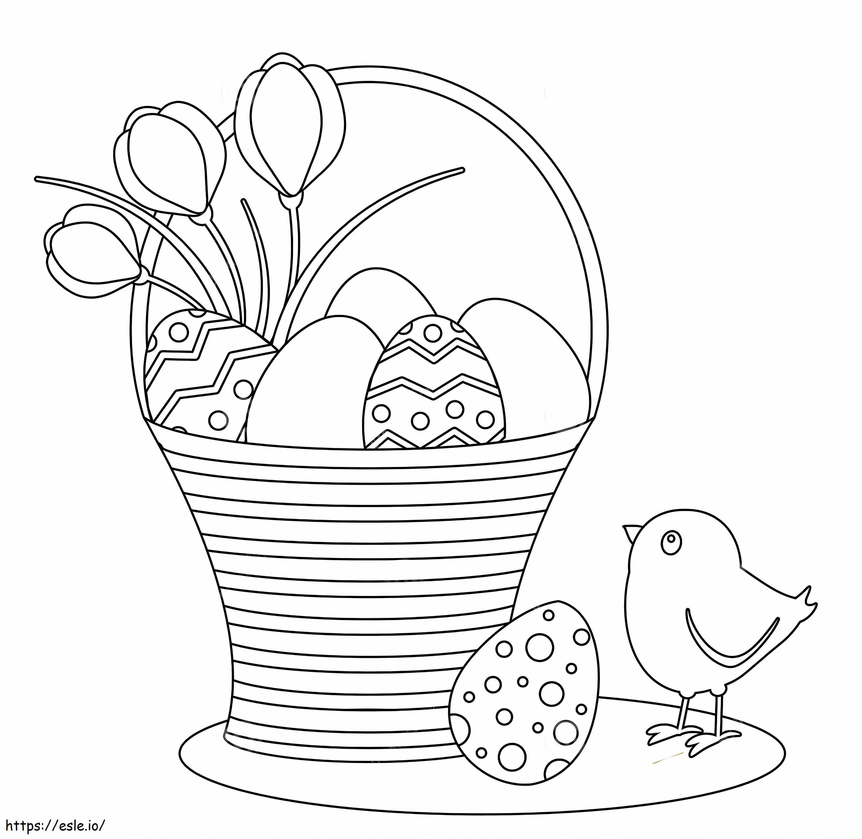 Pintinhos e cesta de ovos de páscoa para colorir