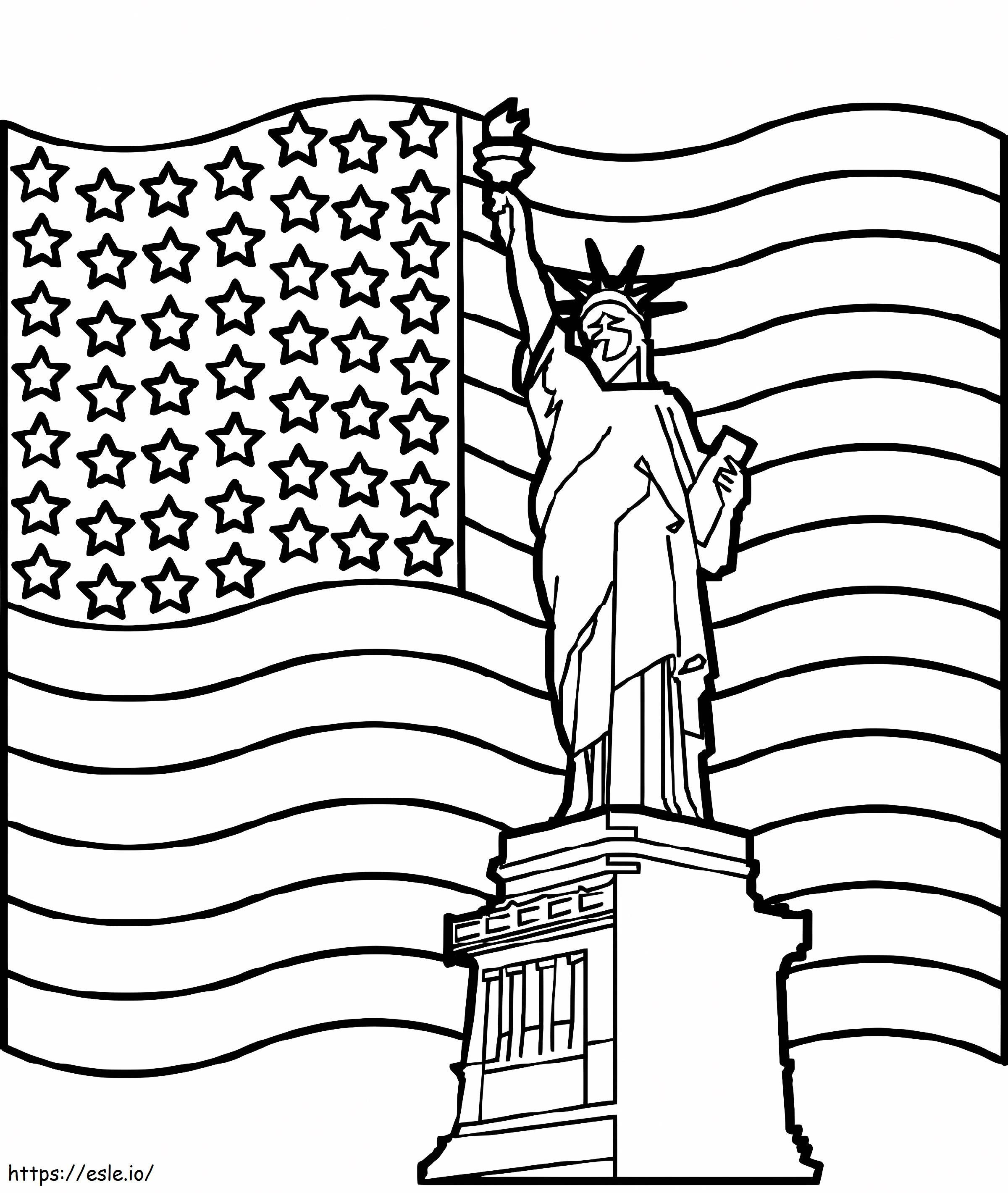 Coloriage Statue de la liberté avec drapeau à imprimer dessin