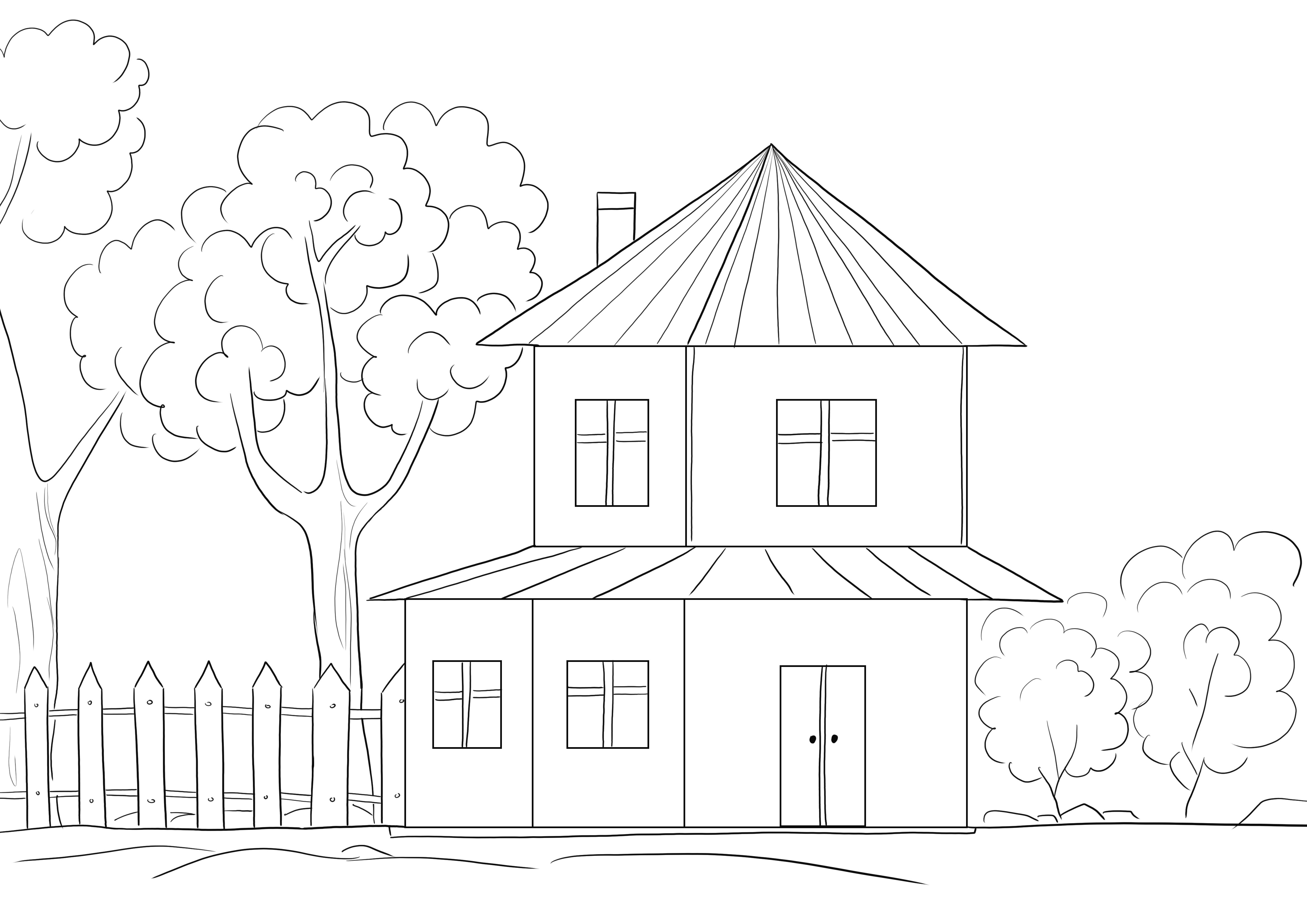 Easy coloring of a House with Garden printing for free image