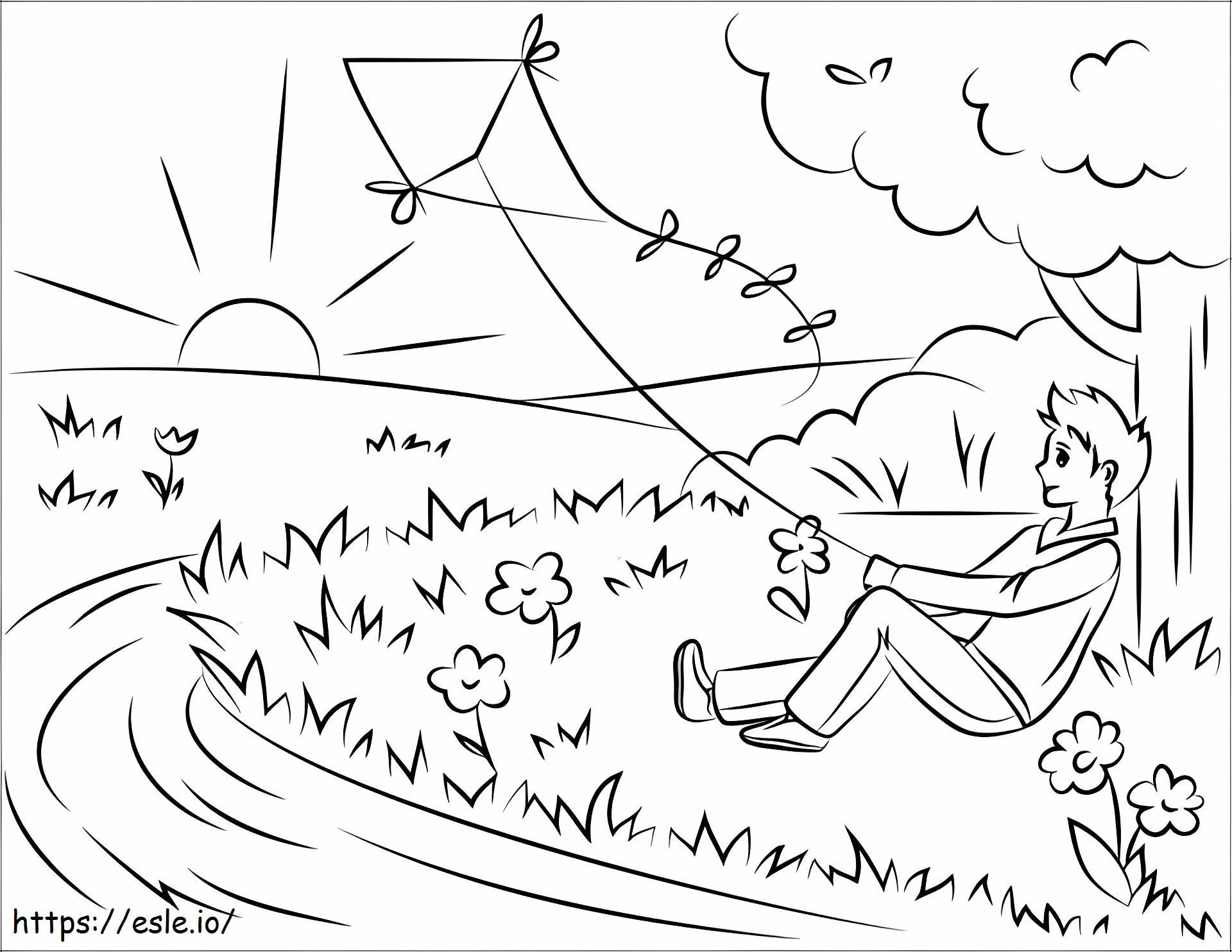 Boy Flying A Kite A4 coloring page