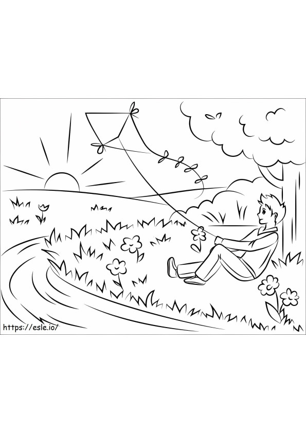 Boy Flying A Kite A4 coloring page