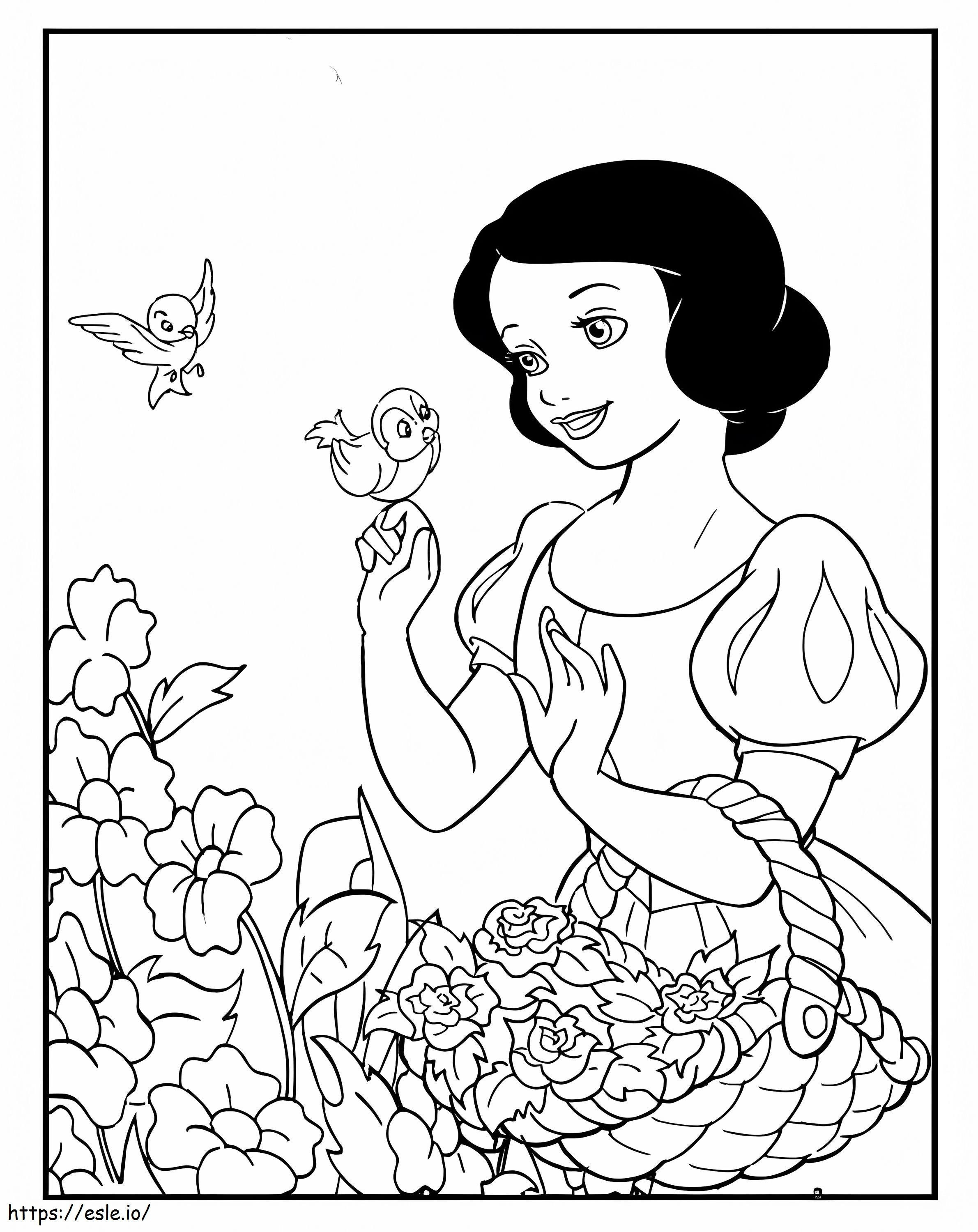 Coloriage Blanche-Neige Et Fleur Oiseau à imprimer dessin