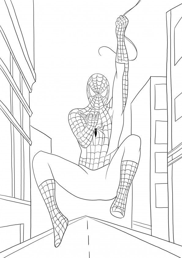 Spiderman wiszący na sznurku do pobrania za darmo do wydrukowania i pokolorowania dla chłopców i dziewczynek