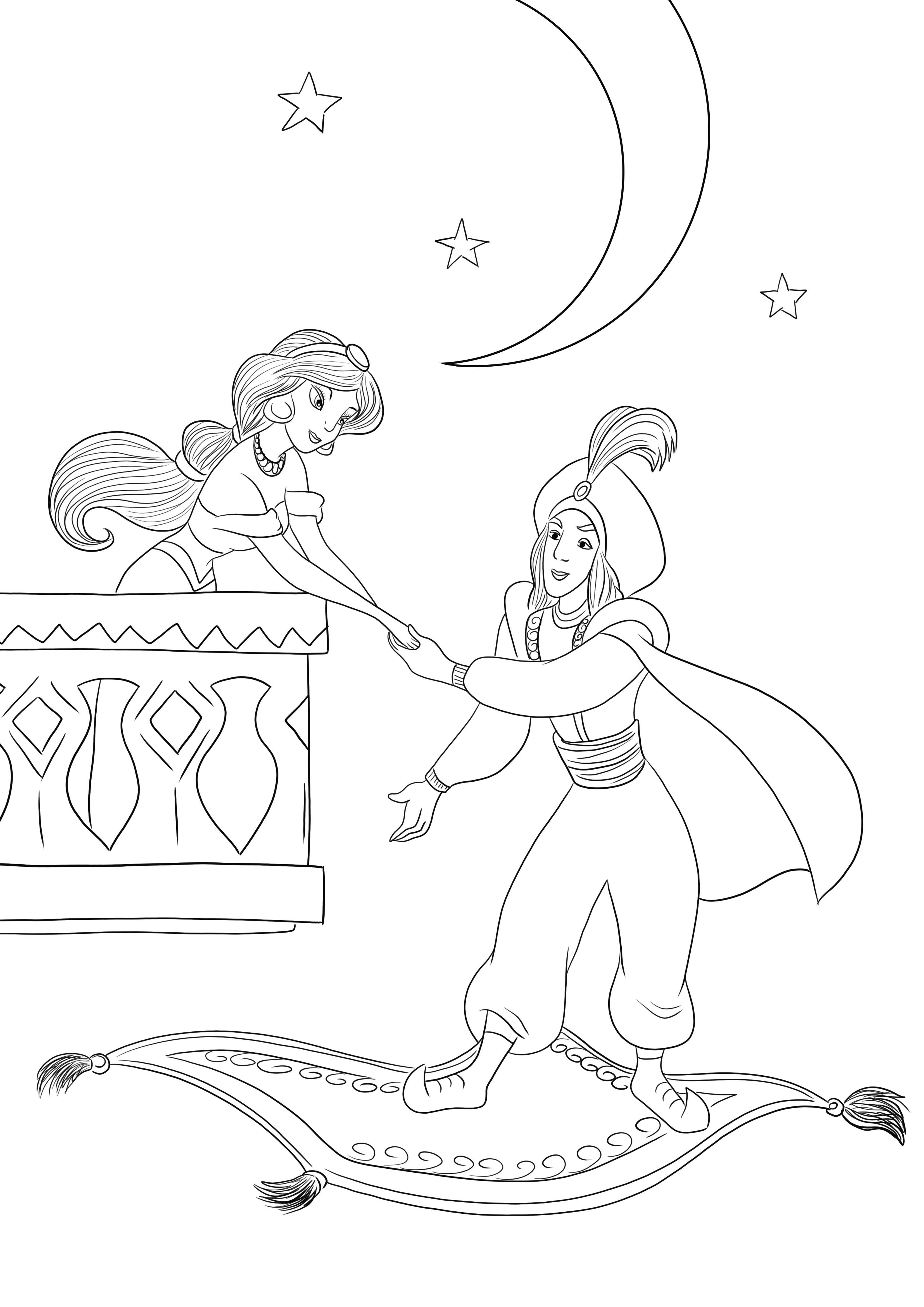 Une image à colorier gratuite du Prince Ali rencontrant Jasmine à télécharger ou imprimer