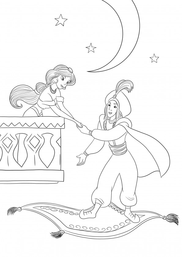 A free coloring image of Prince Ali meeting Jasmine to download or print