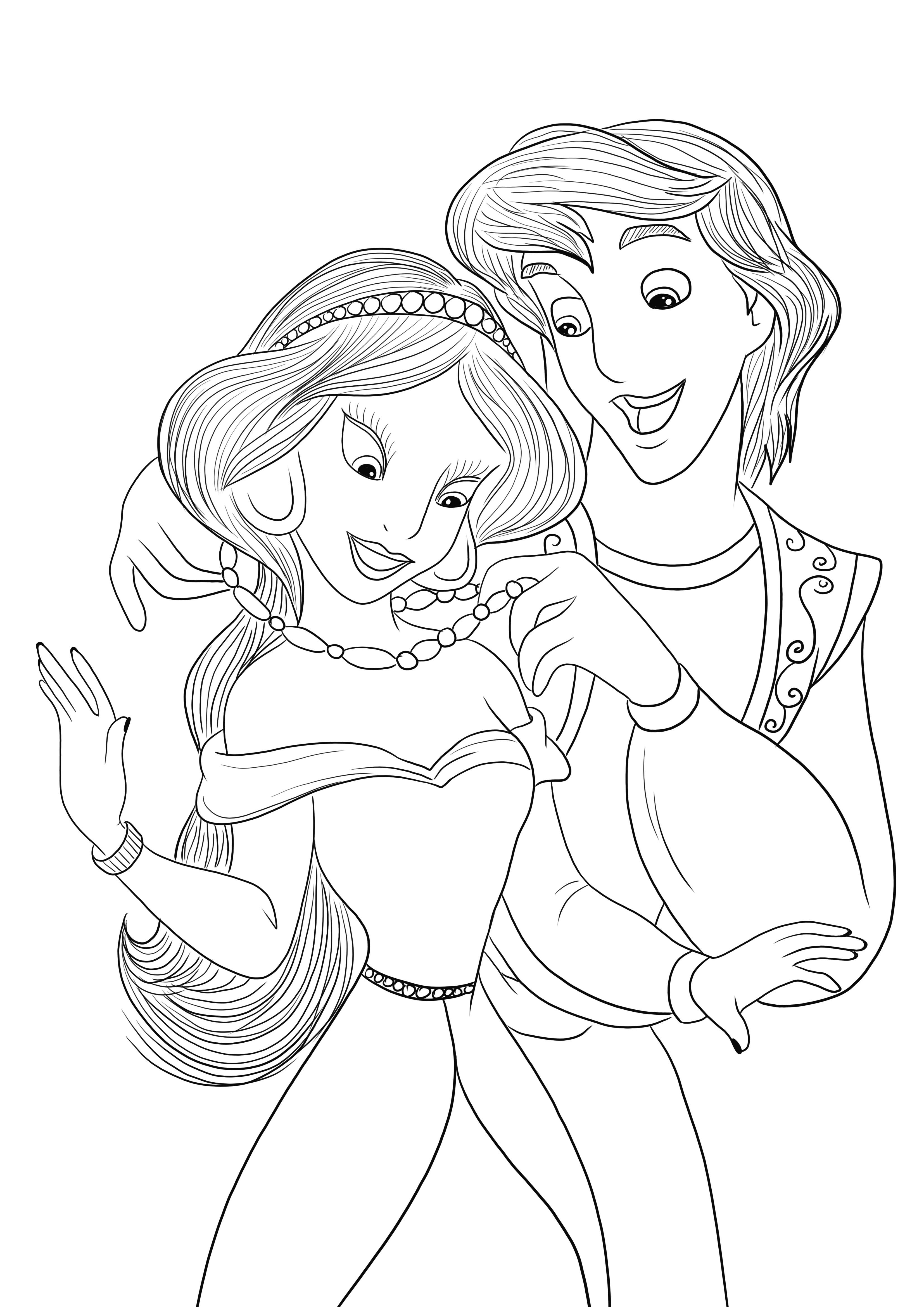 Free downloading of Aladdin and Jasmine coloring image for kids to color