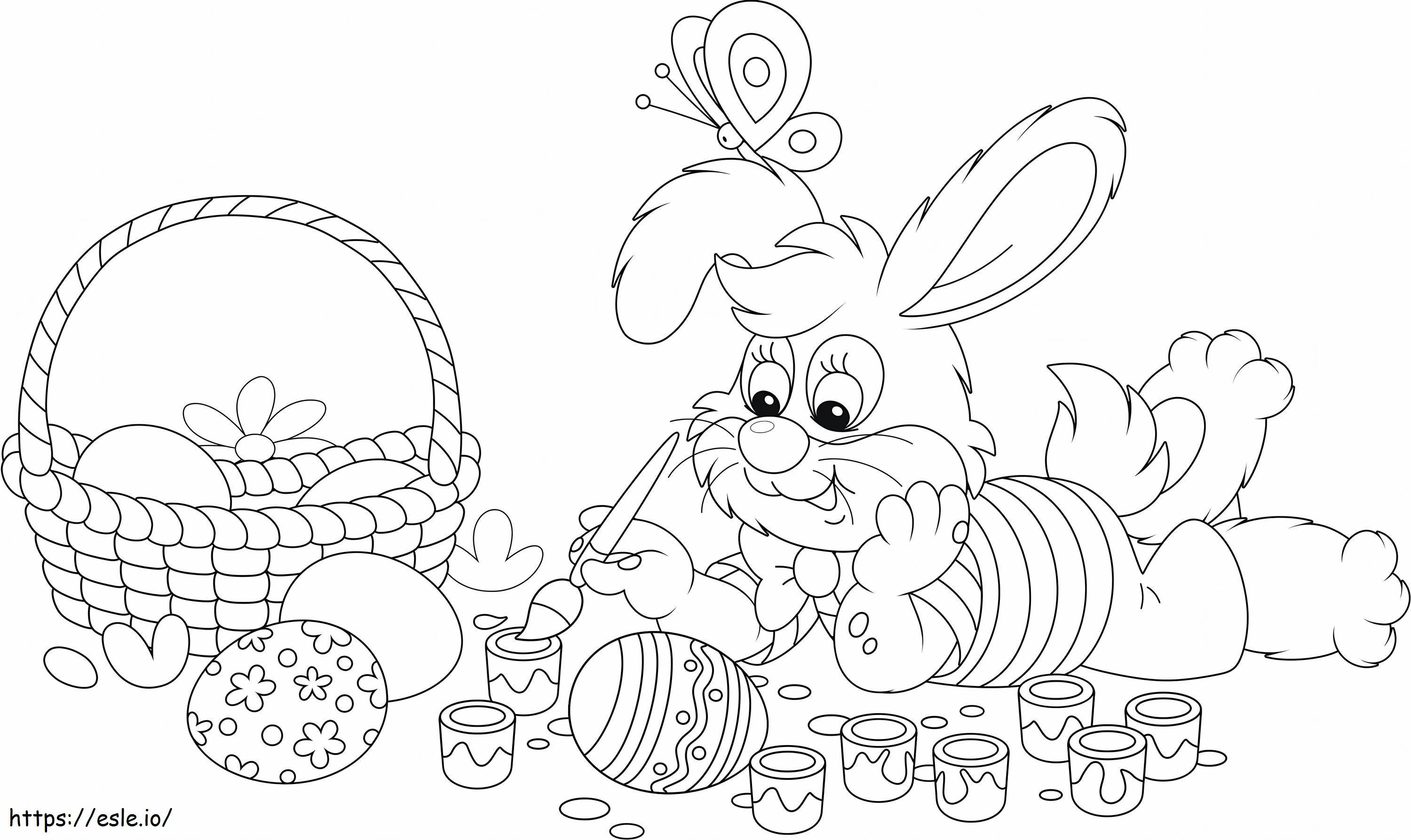 Coniglio sdraiato che disegna le uova di Pasqua in scala da colorare