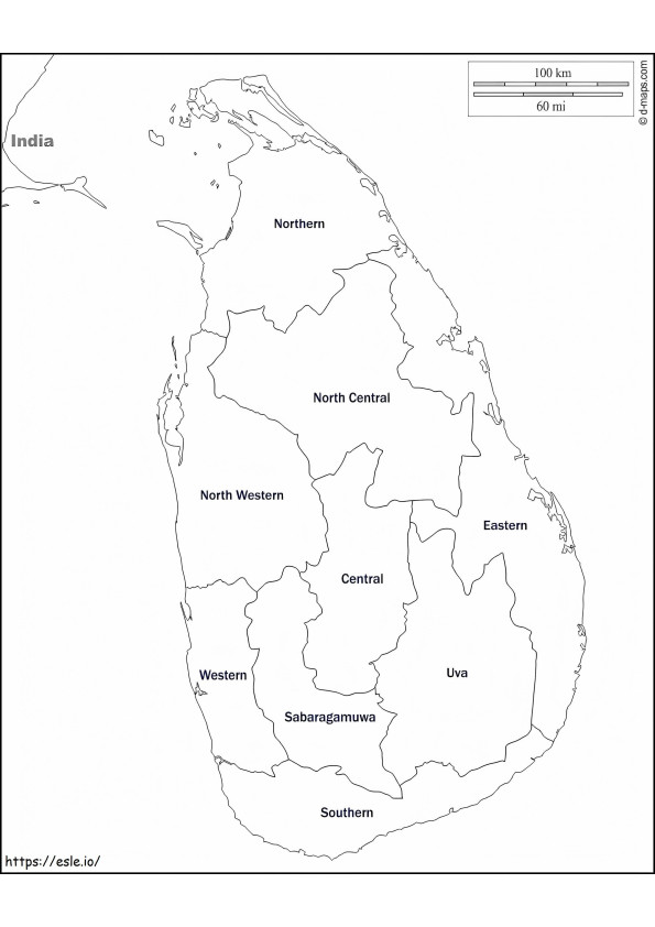 Página para colorir do mapa do Sri Lanka para colorir