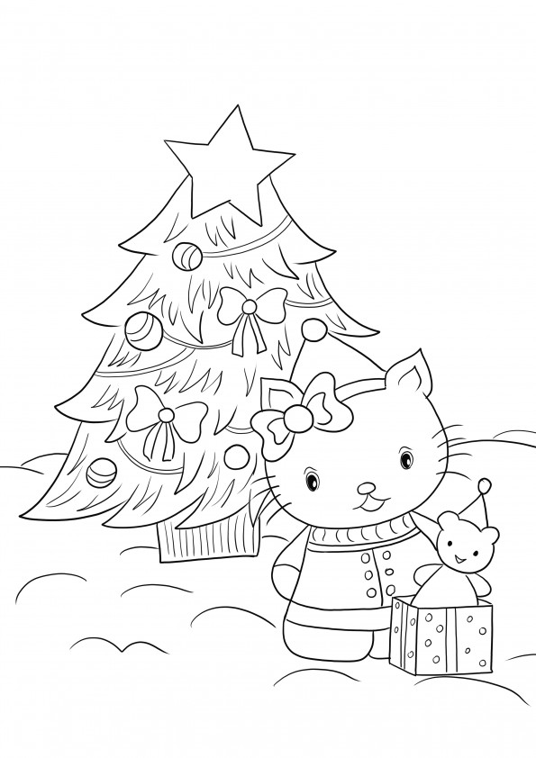 Free coloring and printing of Hello Kitty and the Christmas tree for kids to color