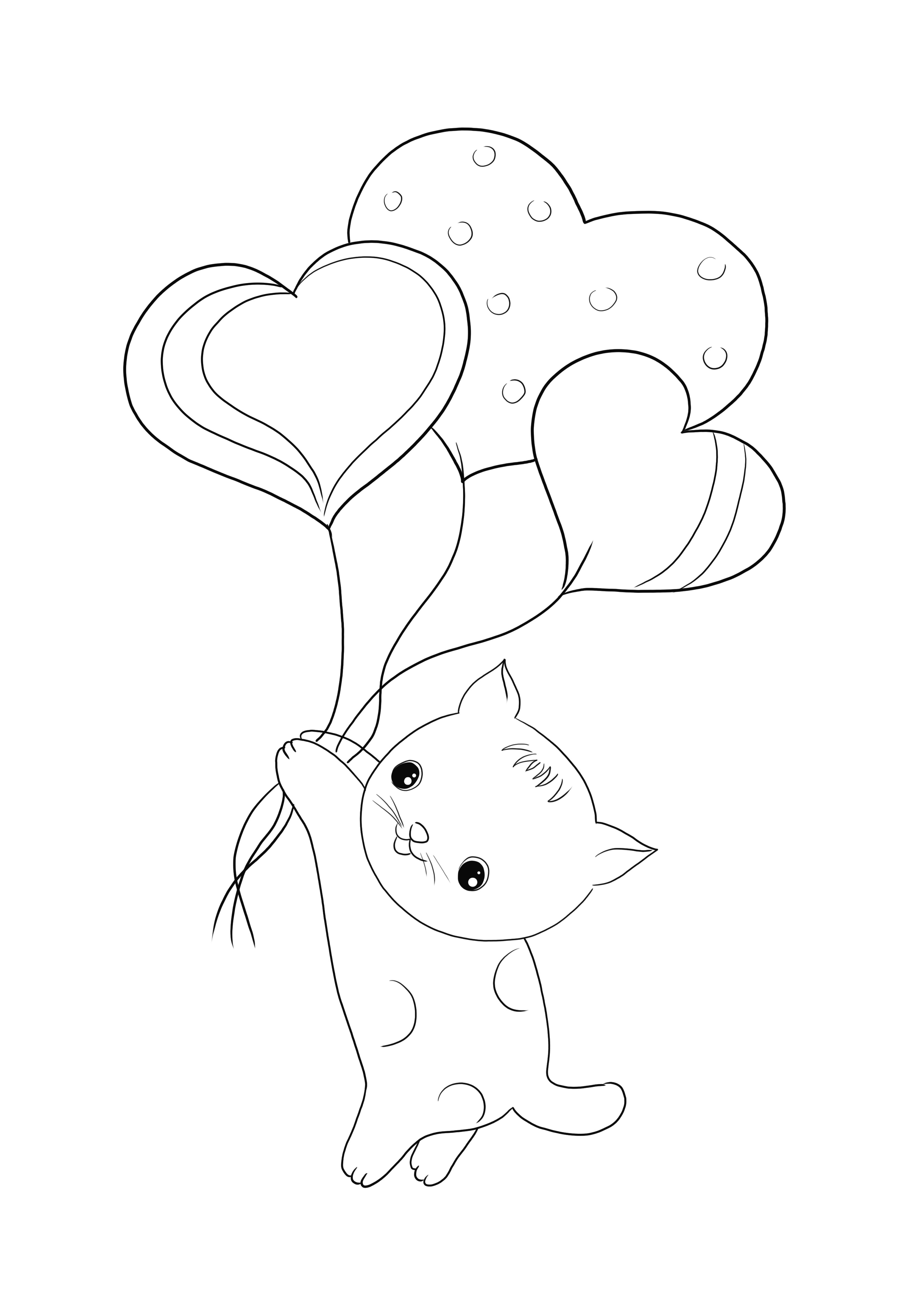 Cat with heart-shaped balloons printable for free and simple coloring image for kids
