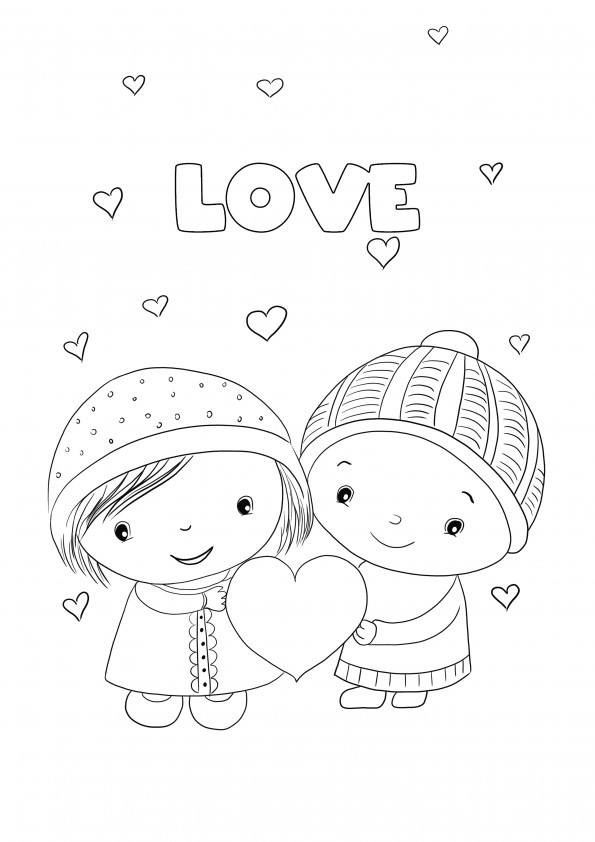 Él y ella sostienen el corazón de San Valentín para imprimir gratis y en color.