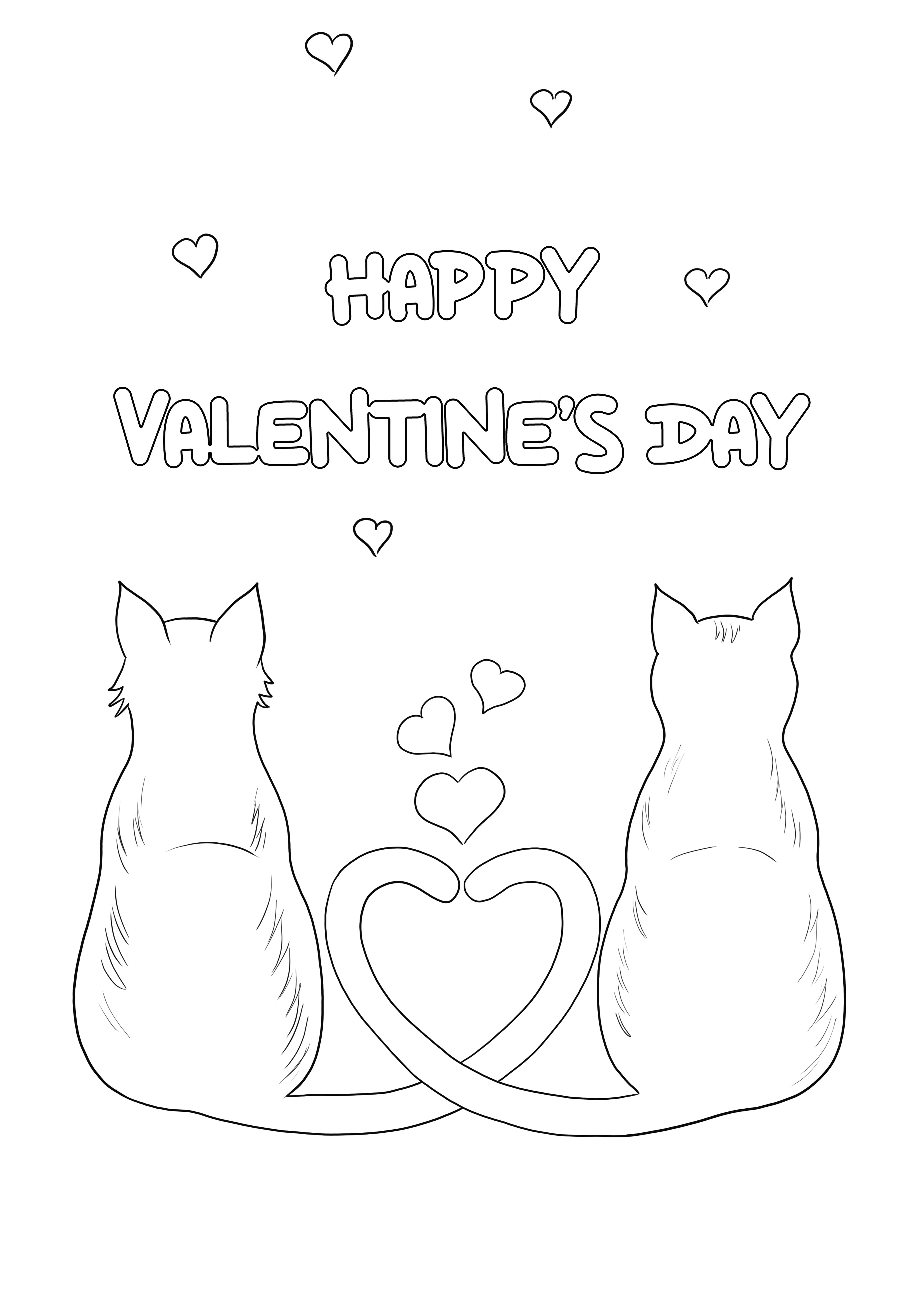 子供たちが色付けして楽しむための無料の印刷可能な猫とハートのバレンタインの愛