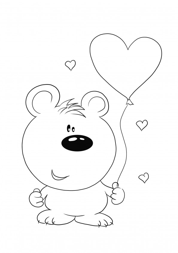 Valentin-napi medve és szív könnyen nyomtatható ingyen és színes oldal